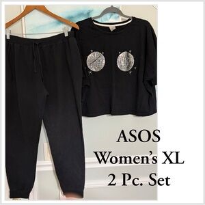 ASOS Black Two-Piece Set Women's XL sweat pants crop top joggers pockets EUC